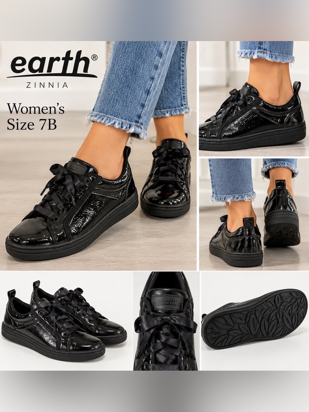 Earth Zinnia Women's Black Patent Lace-Up Sneakers Sz 7B